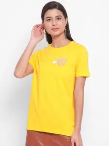 YOLOCLAN Women Yellow Printed Round Neck T-shirt