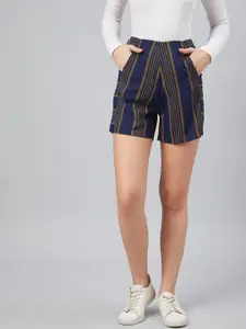 RARE Women Navy Blue & Beige Striped Regular Fit Shorts