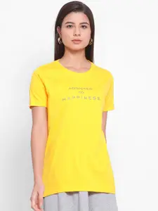 YOLOCLAN Women Yellow Printed Round Neck Pure Cotton T-shirt