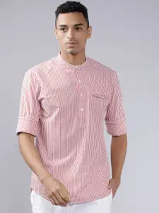 HIGHLANDER Men Coral Pink & White Slim Fit Striped Casual Shirt