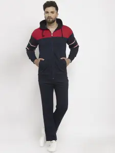 WILD WEST Men Navy Blue & Red Colourblocked Tracksuit