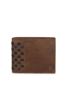 Second SKIN Men Tan Brown Woven Design Genuine Leather Two Fold Wallet