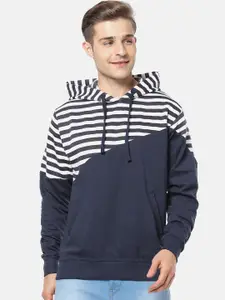 Campus Sutra Men White & Navy Blue Striped Hooded Sweatshirt