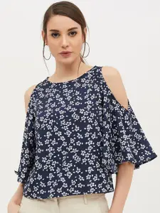 Harpa Women Navy Blue & White Floral Printed A-Line Top