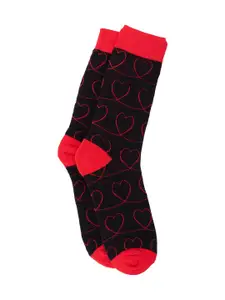 The Tie Hub Men Black & Red Heart Patterned Bright Calf-Length Socks