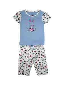 MeeMee Infant Girls Blue & White Printed T-shirt with Pyjamas Set