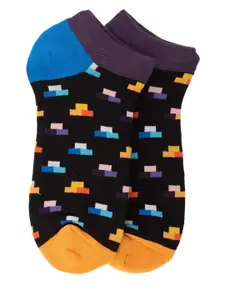 The Tie Hub Men Black & Blue Patterned Podium Ankle-Length Socks