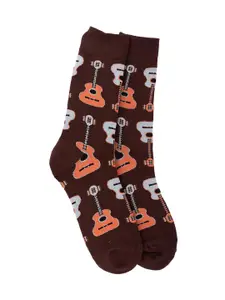 The Tie Hub Men Brown & Orange Guitar Patterned Calf-Length Socks