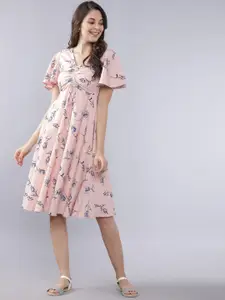 Tokyo Talkies Women Pink & Navy Blue Floral Printed Fit and Flare Dress