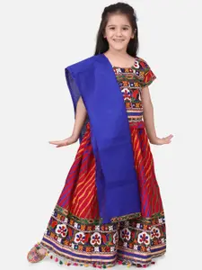 BownBee Girls Pink & Blue Embroidered Ready to Wear Lehenga & Blouse with Dupatta
