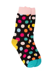 The Tie Hub Men Black & Pink Polka Patterned Bright Calf-Length Socks