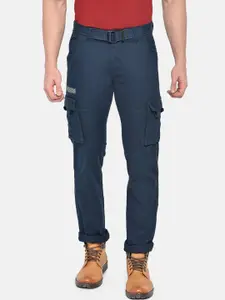 beevee Men Navy Blue Solid Relaxed Regular Fit Cargos with Belt