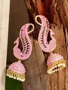 ANIKAS CREATION Pink & Gold Peacock Shaped Jhumkas