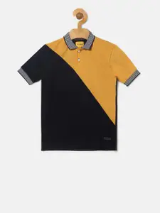 Instafab Boys Mustard Yellow & Black Colourblocked Polo Collar T-shirt