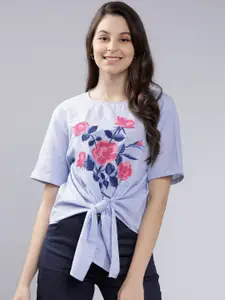 Tokyo Talkies Women Blue Embroidered Boxy Pure Cotton Top