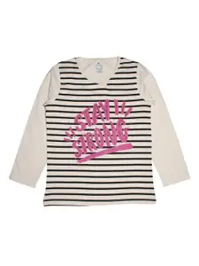 KiddoPanti Girls Off-White Striped V-Neck T-shirt