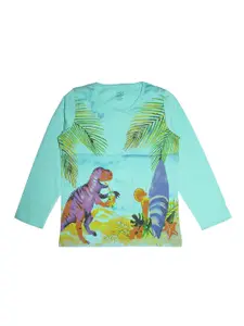 KiddoPanti Girls Sea Green & Purple Dinosaur Printed Round Neck T-shirt