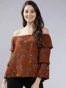 Tokyo Talkies Women Brown & Red Floral Printed Bardot Top