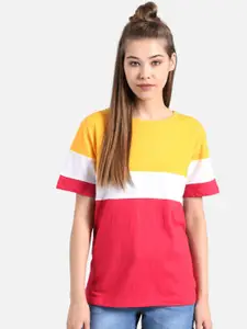 Kotty Women Yellow Colourblocked Round Neck T-shirt