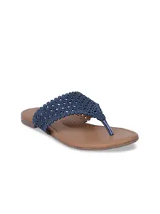 Bata Women Navy Blue Textured T-Strap Flats