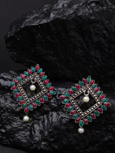 Fida Silver & Green Diamond Shaped Drop Earrings