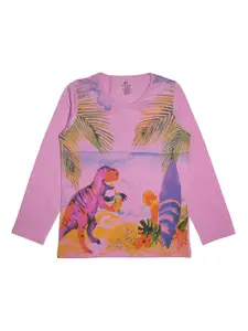 KiddoPanti Girls Pink Dino Printed Round Neck Pure Cotton T-shirt