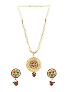 ANIKAS CREATION Gold-Plated Off-White & Red Stone-Studded & Pearl Beaded Sun Pendant Jewellery Set