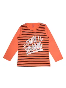 KiddoPanti Girls Orange Striped Round Neck T-shirt