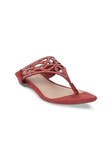 Bata Women Red & Off-White Embellished Open Toe Flats
