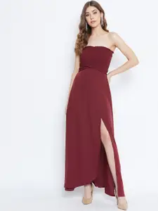Berrylush Women Maroon Solid Smocked Maxi Dress