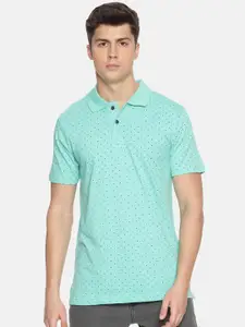 Kryptic Men Sea Green Printed Polo Collar Pure Cotton T-shirt