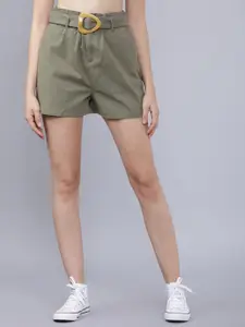 Tokyo Talkies Women Olive Green Solid Slim Fit Regular Shorts