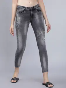 Tokyo Talkies Women Grey Super Skinny Fit Mid-Rise Low Distress Embellished Jeans