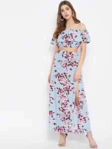 Berrylush Blue & Maroon Floral Printed Two Piece Dress
