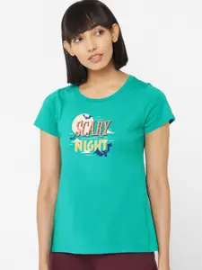 Soie Women Teal Green Printed Lounge T-Shirt