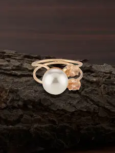 E2O Gold-Plated White Pearl & Artificial Stone Studded Handcrafted Contemporary Finger Ring