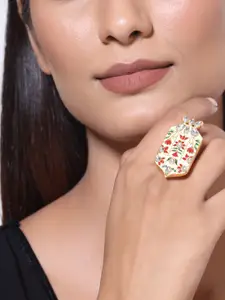 Studio Voylla Gold-Plated Red & White Kundan-Studded Sangemarmar Floral Motifs Finger Ring