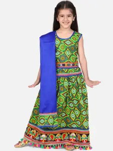 BownBee Girls Green & Navy Blue Embroidered Ready to Wear Lehenga & Blouse with Dupatta