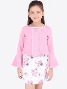 CUTECUMBER Girls Pink & White Solid Top with Floral Print Skirt