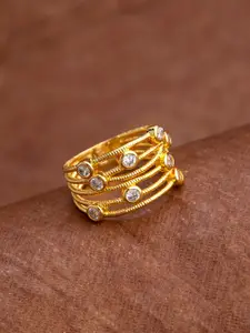 Voylla Gold-Plated & White Zircon Adorned Cutwork Design Layered Finger Ring