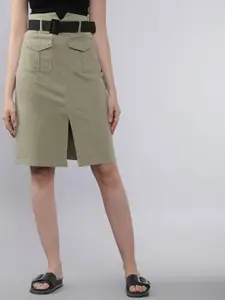 Tokyo Talkies Women Olive Green Solid Straight Skirt With Belt