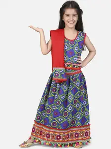 BownBee Girls Blue & Red Embroidered Bandhani Ready to Wear Lehenga Set