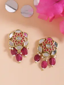 Voylla Pink & Red Gold-Plated Oxidised Geometric Studs