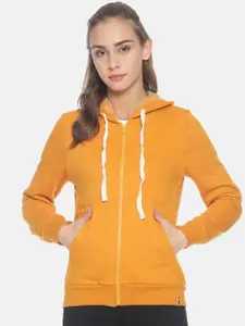 Campus Sutra Women Mustard Yellow Solid Hooded Sweatshirt