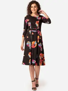 MABISH by Sonal Jain Women Black & Pink Floral Print Fit and Flare Dress