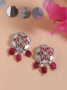 Voylla Silver-Plated & Magenta Floral Drop Earrings