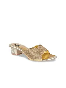 Shoetopia Women Muted Gold-Toned Embellished Block Heels