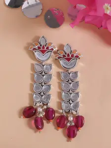 Voylla Silver-Plated & Pink Mirror Floral Drop Earrings