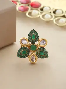 Tistabene Gold-Plated Green & White Kundan AD-Studded Cocktail Finger Ring