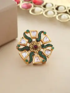 Tistabene Gold-Plated White & Green Kundan & AD-Studded Traditional Adjustable Finger Ring
